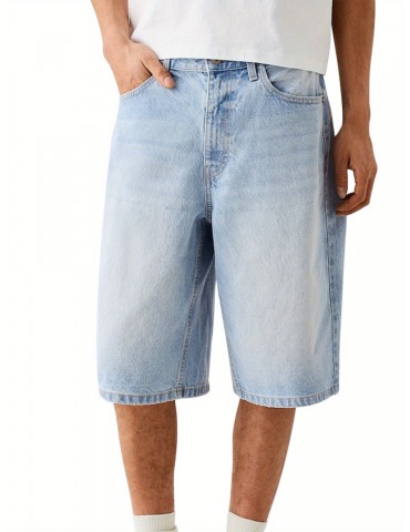 1pc Men'S Casual Cotton Blend Faux Denim Shorts, Solid Color, Slight Stretch, Woven, Regular Fit with Pockets, Zipper and Button Closure - Summer Streetwear