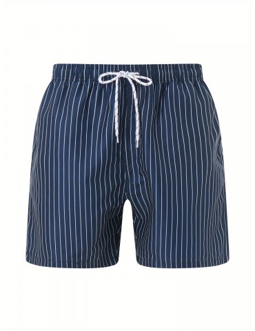 Men'S Casual Polyester Swim Shorts, Stripe Pattern, Quick Dry Woven Fabric with Slight Stretch, Regular Fit, with Pockets, for Beach & Swimming