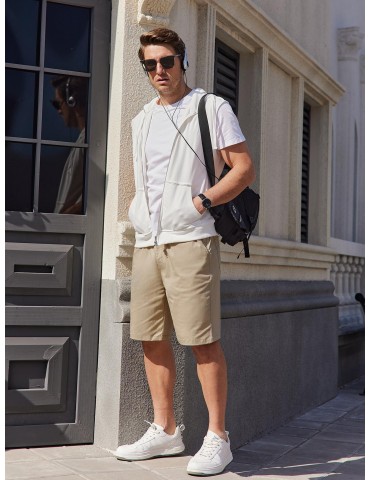 1pc Men'S Casual Cotton Shorts with Slight Stretch - Solid Color, Loose Fit, Woven Golf Shorts with Pockets and Drawstring - Summer Beach Chino Shorts with Belt Loops