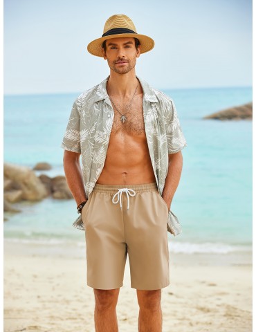 Men's Hawaiian Beach Shorts Elastic Waist Drawstring Lightweight Summer Casual Shorts with Pocket