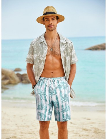 Men's Hawaiian Beach Shorts Elastic Waist Drawstring Lightweight Summer Casual Shorts with Pocket