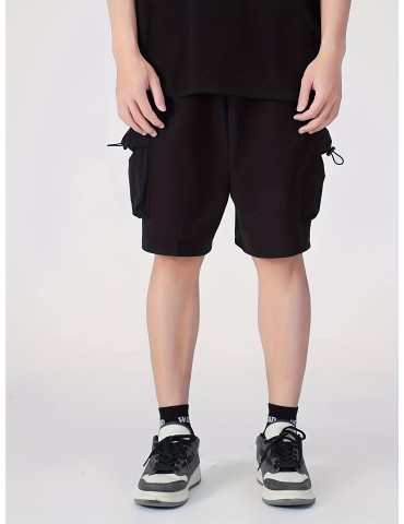 Men's Loose Solid Shorts With Multi Pockets, Casual Elastic Waist Drawstring Shorts For Summer