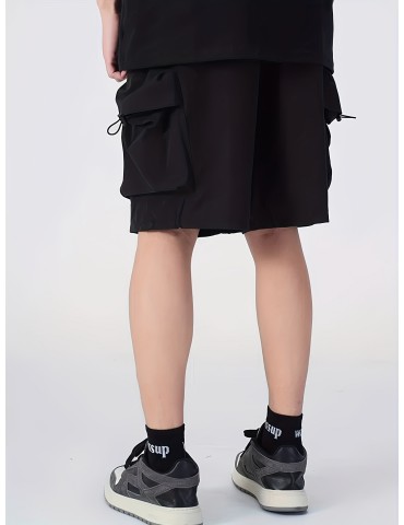 Men's Loose Solid Shorts With Multi Pockets, Casual Elastic Waist Drawstring Shorts For Summer