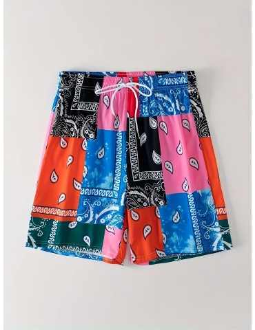 Color Block Digital Print, Men's Drawstring Shorts, Swim Wear, Casual Swim Trunks, Mens Clothing