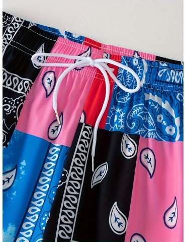 Color Block Digital Print, Men's Drawstring Shorts, Swim Wear, Casual Swim Trunks, Mens Clothing