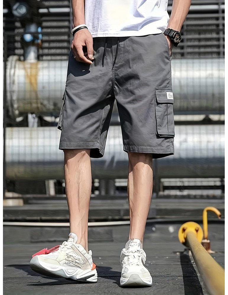 Men's Fashion Cargo Shorts with Drawstring Waist, Solid Color, Polyester, Casual Workwear Style, Loose Fit, Woven, Non-Stretch Fabric, Multiple Pockets