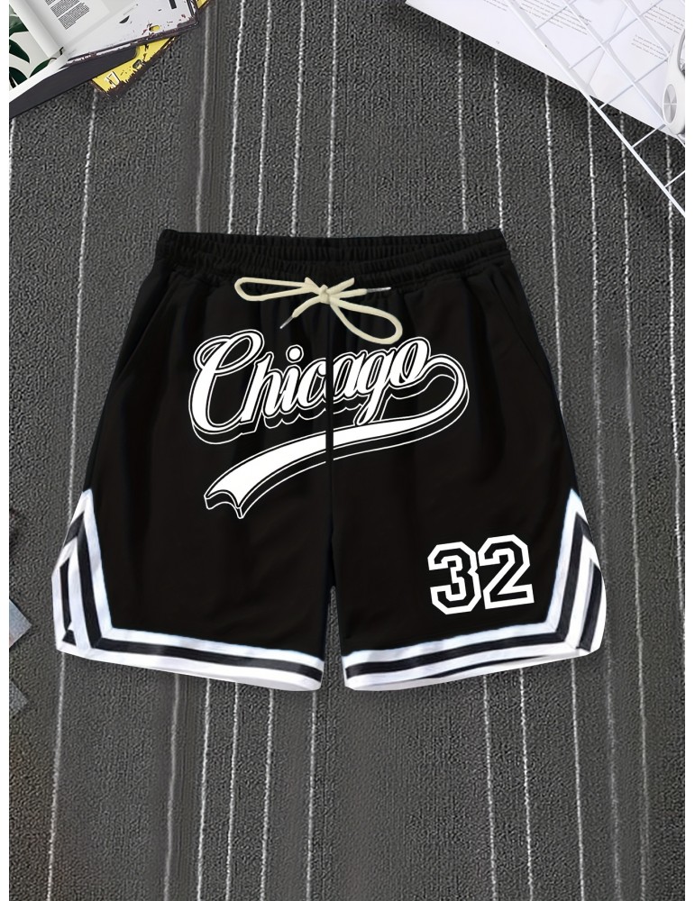 Chicago Print Casual Polyester Shorts with Stripe Detail - 100% Polyester Knit Fabric with Slight Stretch, Regular Fit Sports Shorts