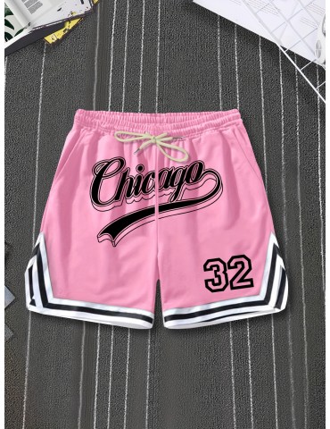 Chicago Print Casual Polyester Shorts with Stripe Detail - 100% Polyester Knit Fabric with Slight Stretch, Regular Fit Sports Shorts