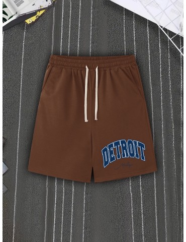 DETROIT Men's Casual Shorts - Comfy Polyester, Letter Print Design with Pockets, Machine Washable