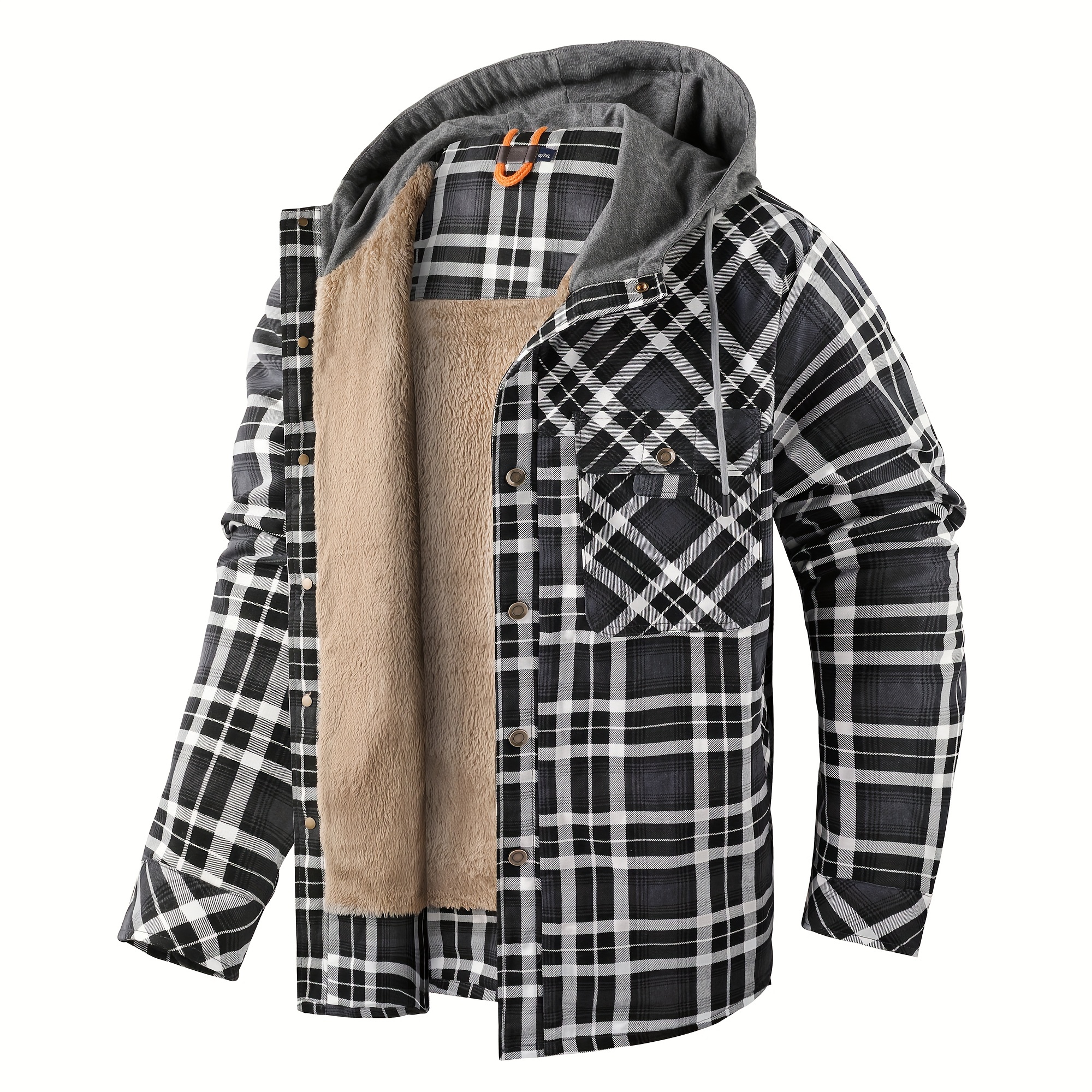 mens warm fleece hooded plaid retro coat for   details 2