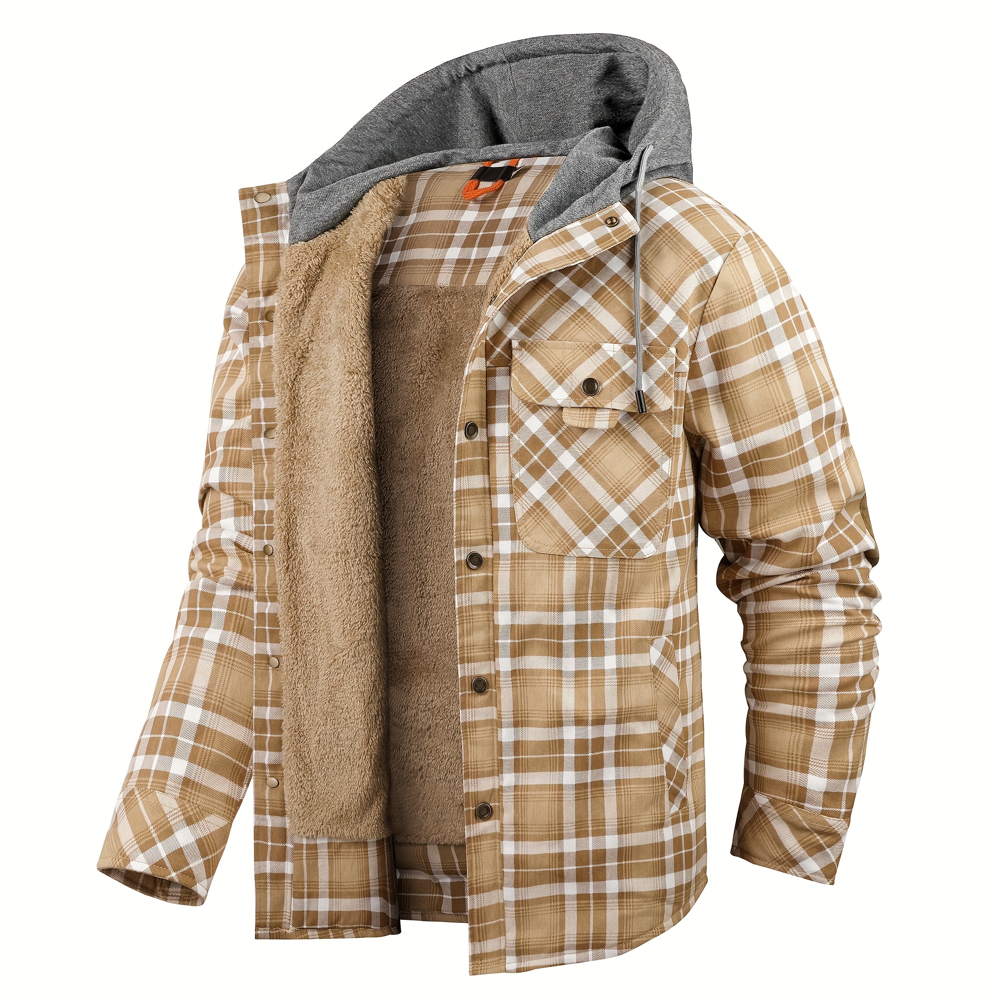 mens warm fleece hooded plaid retro coat for   details 4