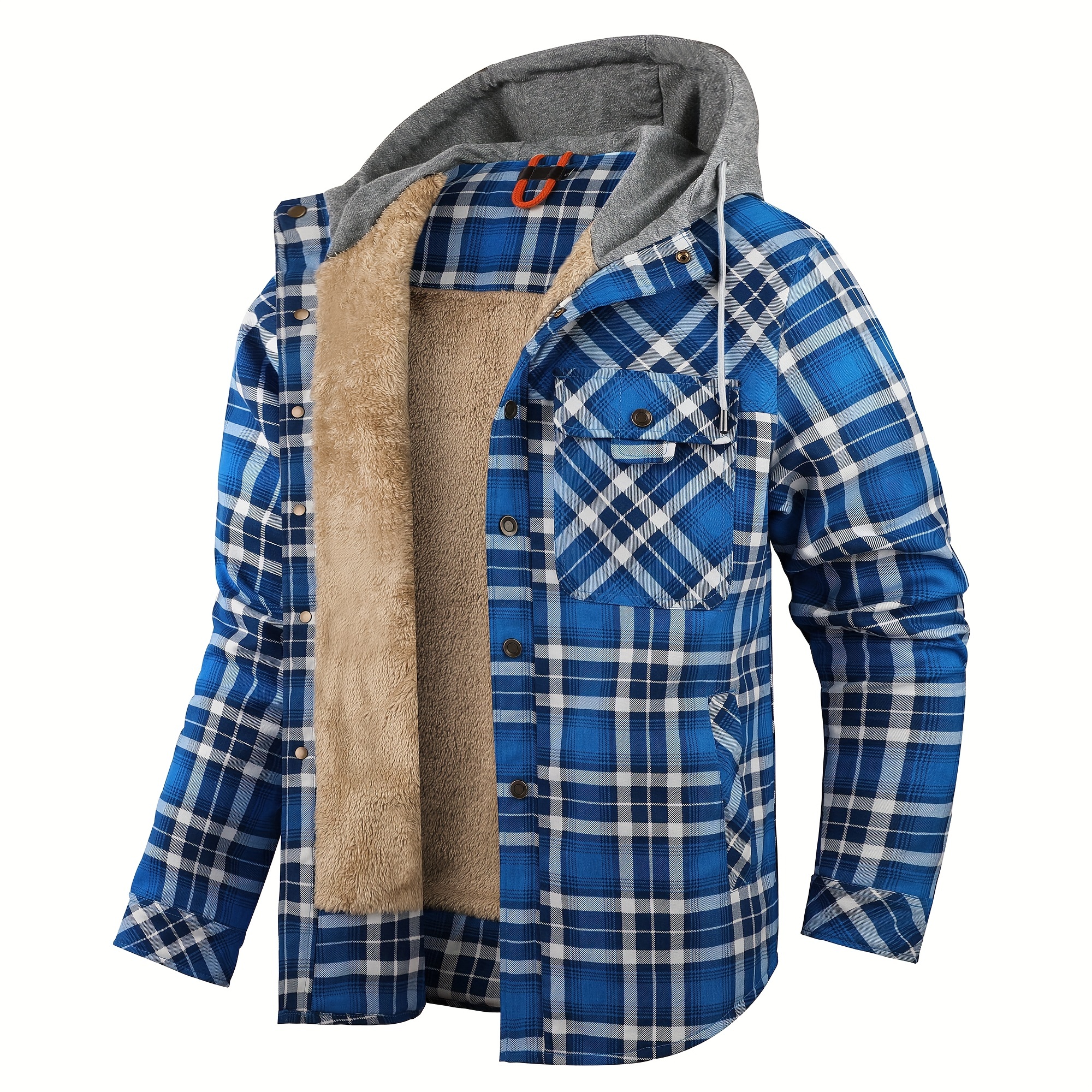 mens warm fleece hooded plaid retro coat for   details 5