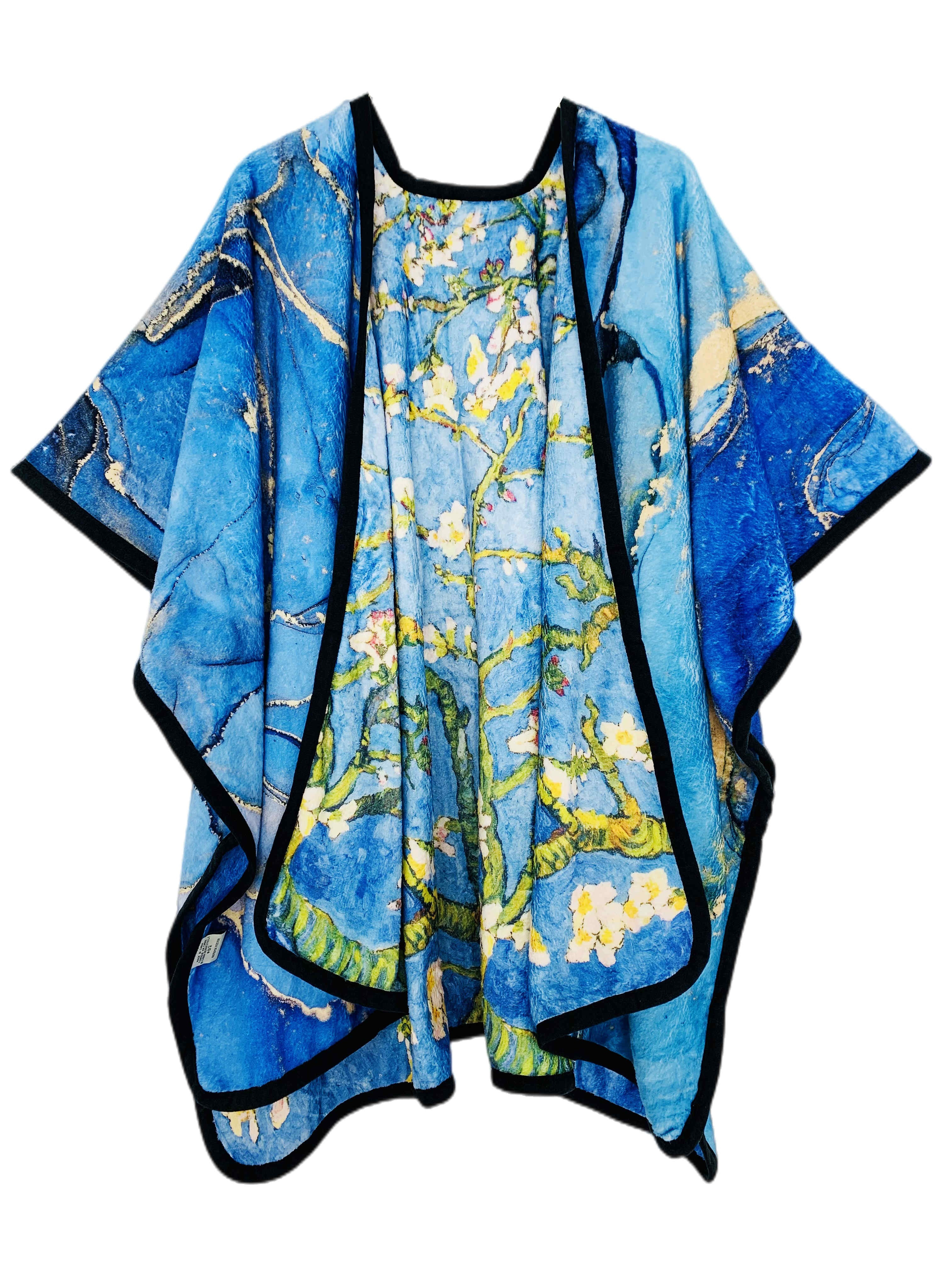 blue multi van gogh cherry   marble cozy reversible fleece double sided wearable throw   sided with two prints open front poncho reversible luxury super soft   fur cape shawl blanket throw details 1