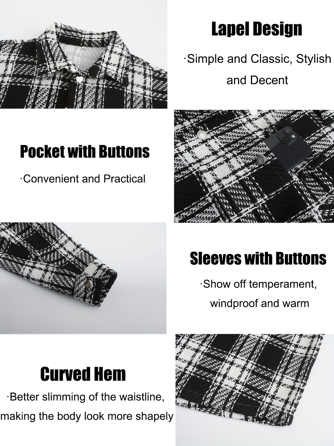 mens button down loose fit long sleeve thick plaid casual shirt jacket black and white checkerboard 02 details 2