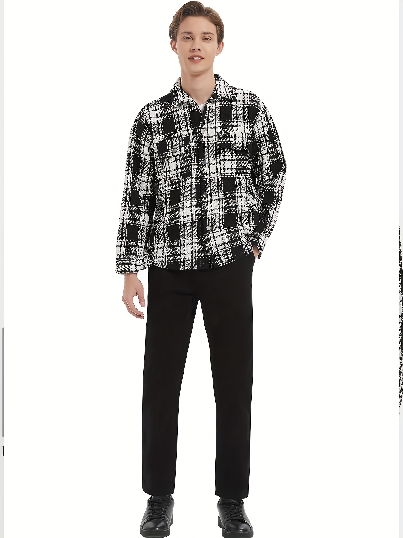 mens button down loose fit long sleeve thick plaid casual shirt jacket black and white checkerboard 02 details 4