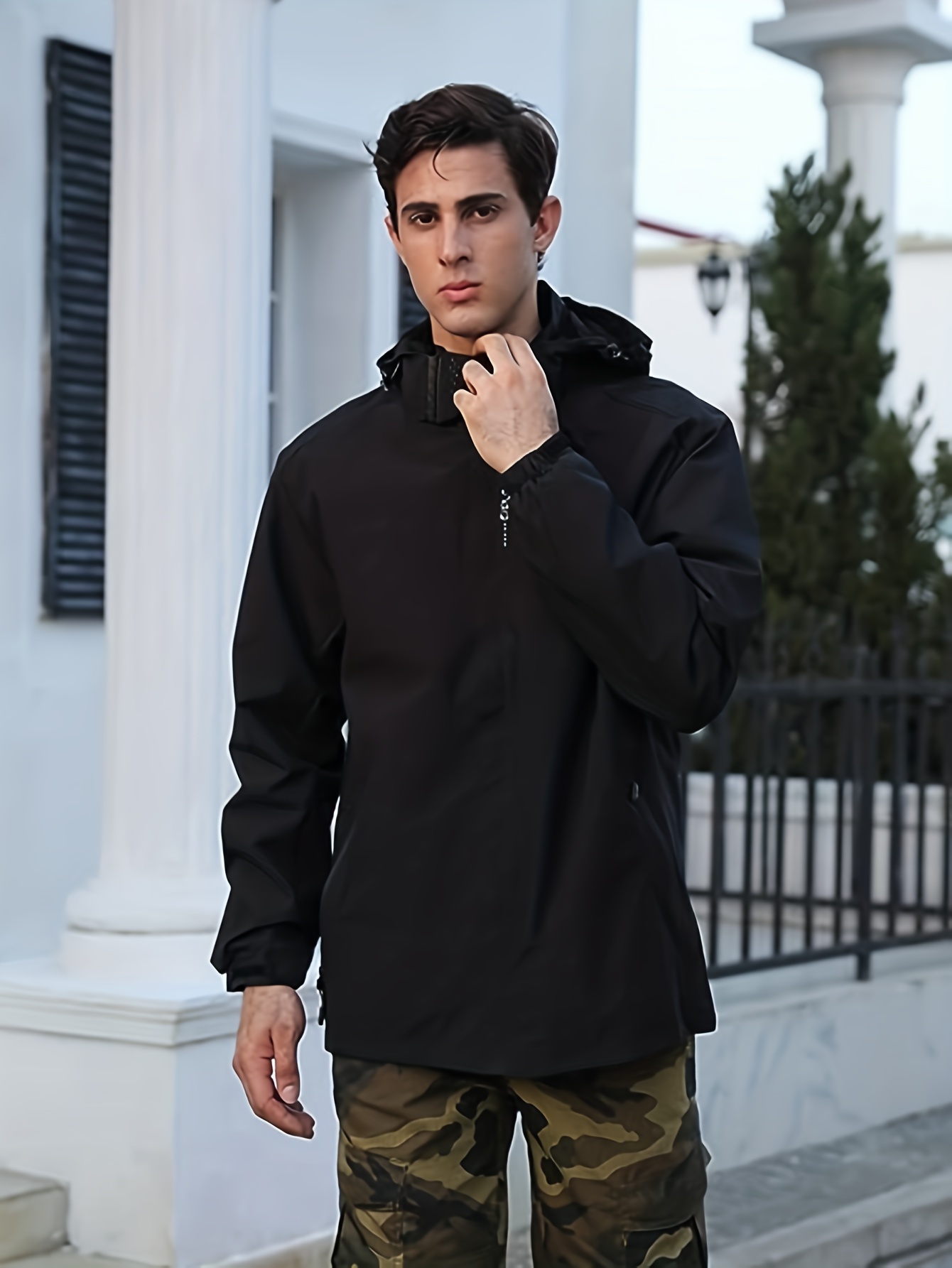 chic solid windbreaker hooded jacket mens casual zip up jacket coat for   outdoor activities details 13