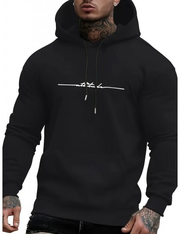 Seasonal Staple, Men's Casual Hoodie with Geometric Print - Long Sleeve, Kangaroo Pocket, Polyester Blend, Machine Washable, PLUS SIZE