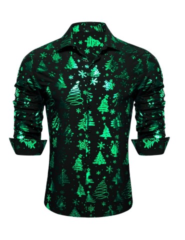 Plus Size Men's Christmas Shirt - Elegant Black Jacquard with Green Santa & Trees Design, Long Sleeve, Button-Up Collar - Perfect for Holiday Parties, PLUS SIZE