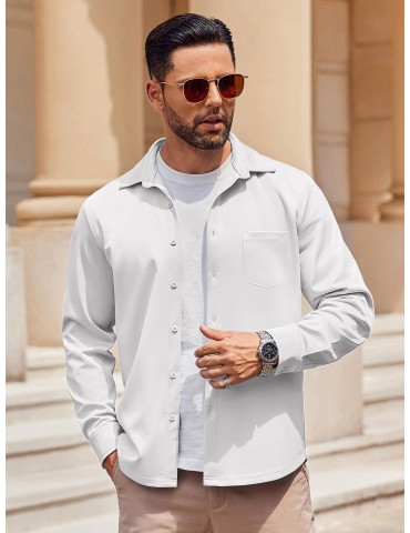 1pc Men'S Casual Long Sleeve Button-Down Shirt with Pocket - Wrinkle Free Polyester, Solid Color, Suitable for All Seasons, Plus Size