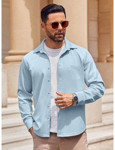 1pc Men'S Casual Long Sleeve Button-Down Shirt with Pocket - Wrinkle Free Polyester, Solid Color, Suitable for All Seasons, Plus Size