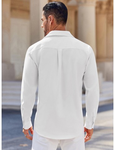 Men's Classic Long Sleeve Button-Down Shirt - Casual & Formal, Solid Color, Polyester, Perfect for Beach Weddings & Spring/Fall, PLUS SIZE