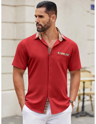 Men's Casual Short Sleeve Dress Shirt - Wrinkle-Free, Plaid Collar, Button-Down Summer Top, PLUS SIZE