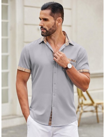 Men's Casual Short Sleeve Dress Shirt - Wrinkle-Free, Plaid Collar, Button-Down Summer Top, PLUS SIZE