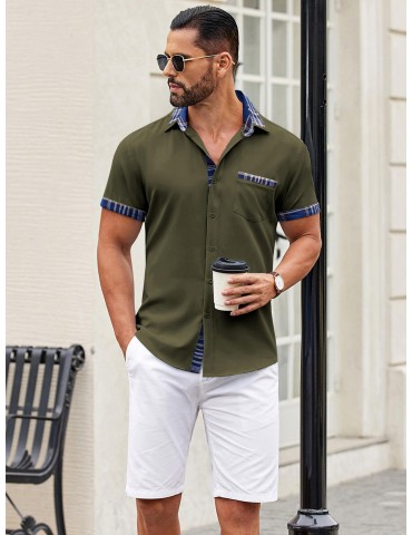 Men's Casual Short Sleeve Dress Shirt - Wrinkle-Free, Plaid Collar, Button-Down Summer Top, PLUS SIZE