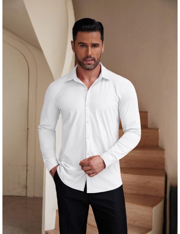 Men's Stretch Wrinkle-Free Long Sleeve Casual Button Down Shirts Muscle Fit Dress Shirts