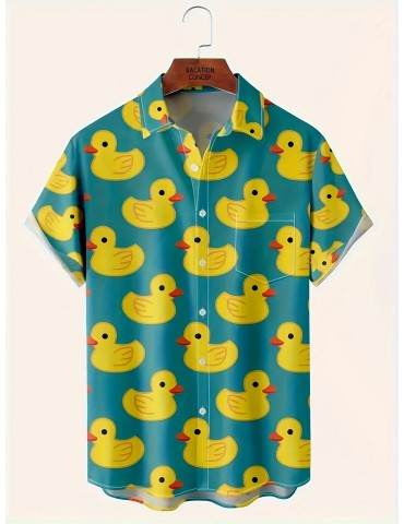 Men's Hawaiian Resort Casual Shirt, Plus Size Men's Yellow Ducks Print Lapel Collar Summer Clothing For Vacation/leisurewear