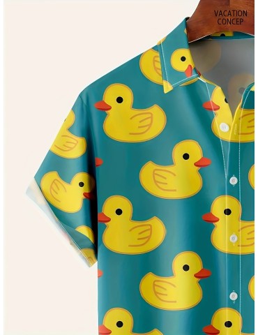 Men's Hawaiian Resort Casual Shirt, Plus Size Men's Yellow Ducks Print Lapel Collar Summer Clothing For Vacation/leisurewear