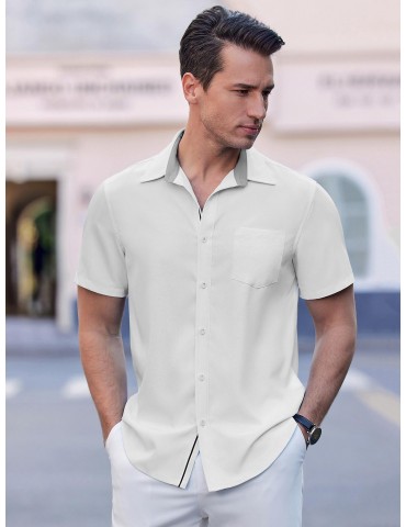 Men's Casual Button Down Shirts Stretch Short Sleeve Business Dress Shirt with Pocket