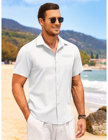 1pc Men'S Casual Linen Blend Short Sleeve Shirt - Summer Beach Button Down with Regular Fit, Solid Color, Basic Style, Suitable for All Seasons, Plus Size