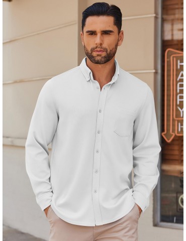 Men's Wrinkle-Free Long Sleeve Shirt - Casual Button-Down with Pocket, Stretch Fabric, Machine Washable, PLUS SIZE