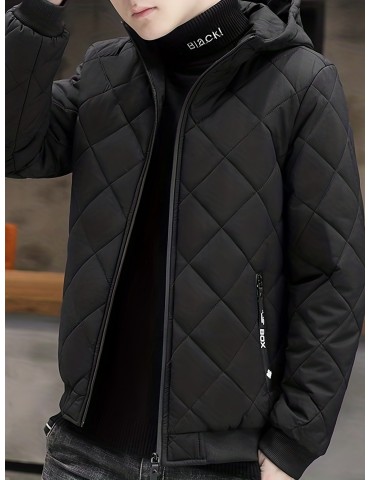 Men's Plush Hooded Jacket - Warm and Cozy Zip Up Quilted Jacket for Outdoor Activities in Fall and Winter