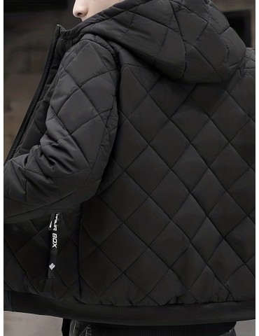 Men's Plush Hooded Jacket - Warm and Cozy Zip Up Quilted Jacket for Outdoor Activities in Fall and Winter