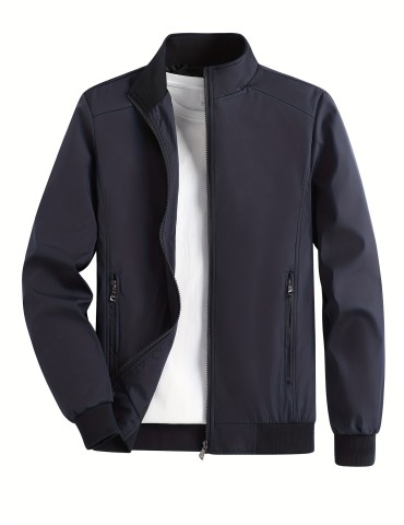 Men's Casual Loose Windbreaker Jacket with Stand Collar and Zipper - Perfect for Sports, Outdoors, and Running